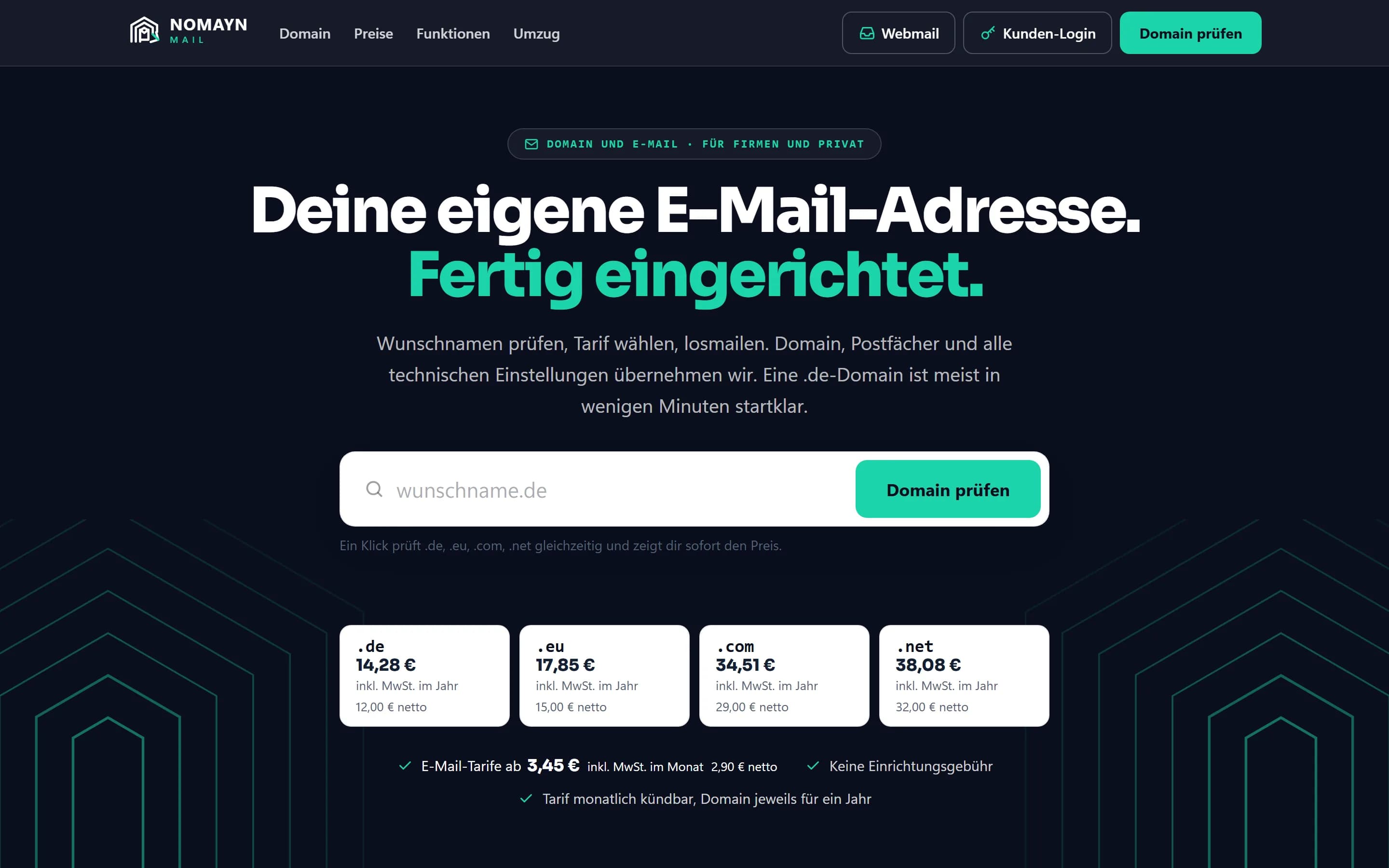 Nomayn Mail — Startseite mit Domain-Prüfung und Tarifen