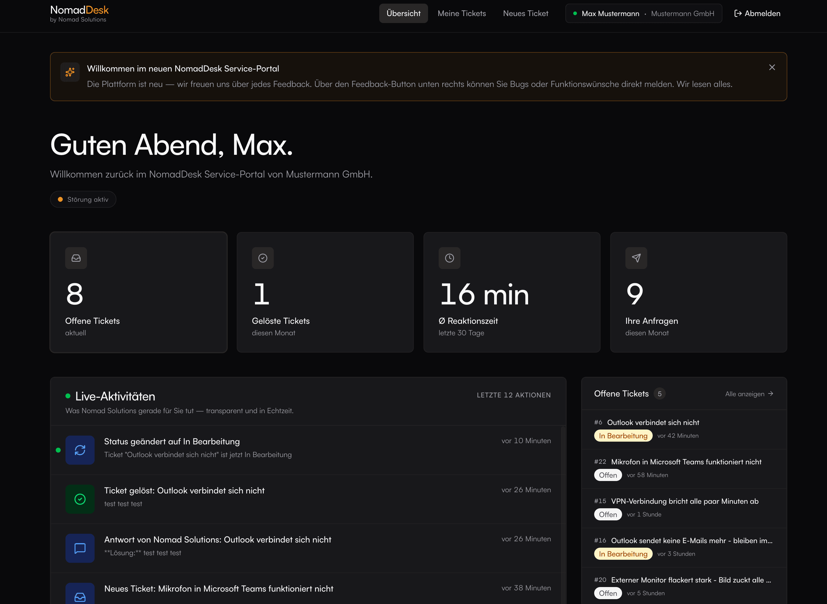 NomadDesk Dashboard — Ticketing-System für Managed-Services-Kunden