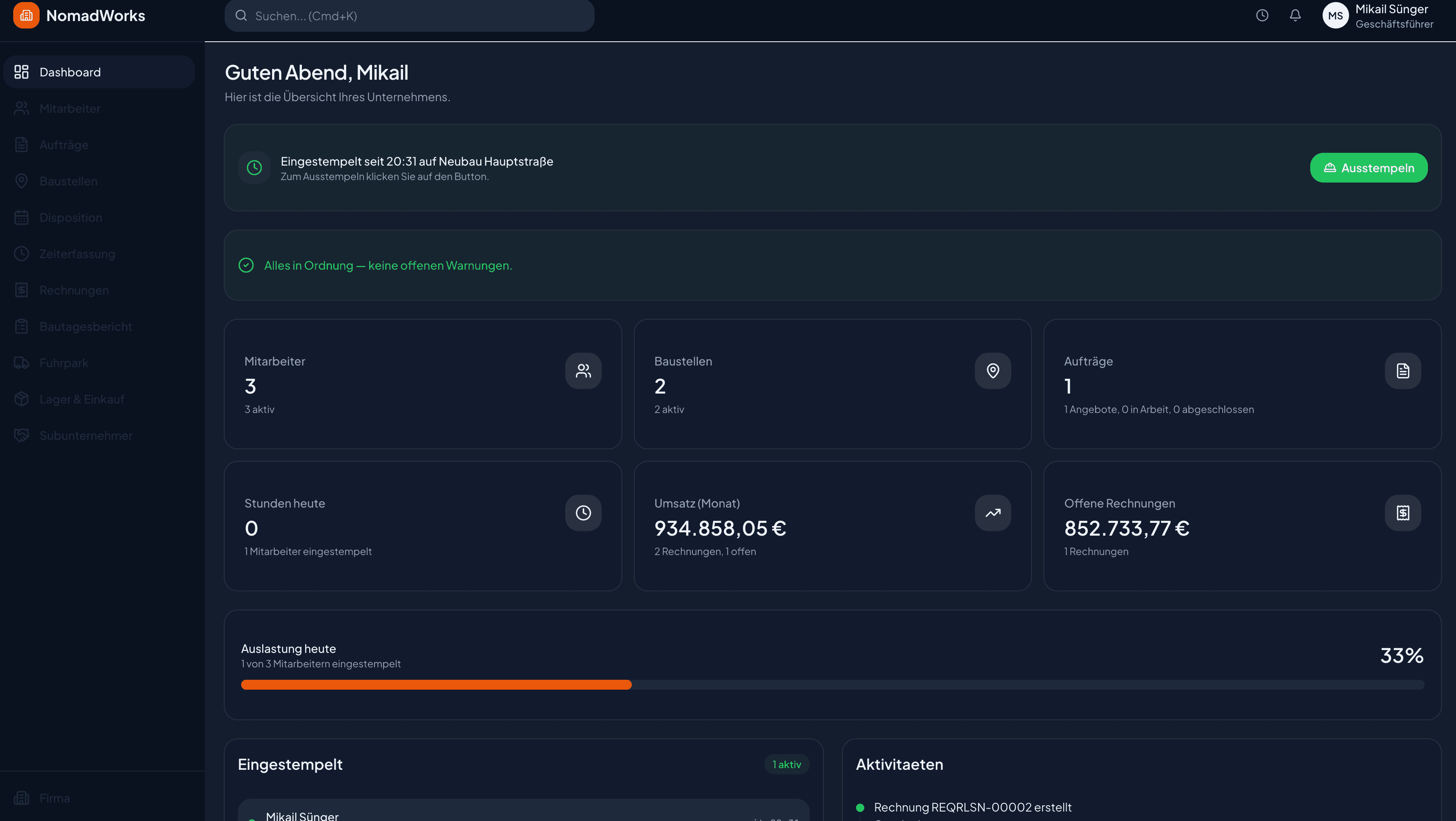 NomadWorks Dashboard — ERP für die Baubranche