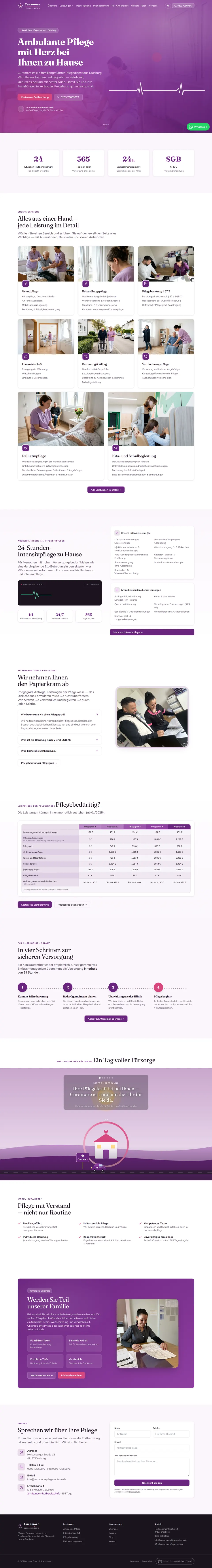 Website Curamore Pflegezentrum, komplette Startseite